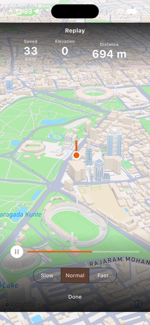 A recorded ride flown in 3D over Bengaluru, with buildings standing up around the route