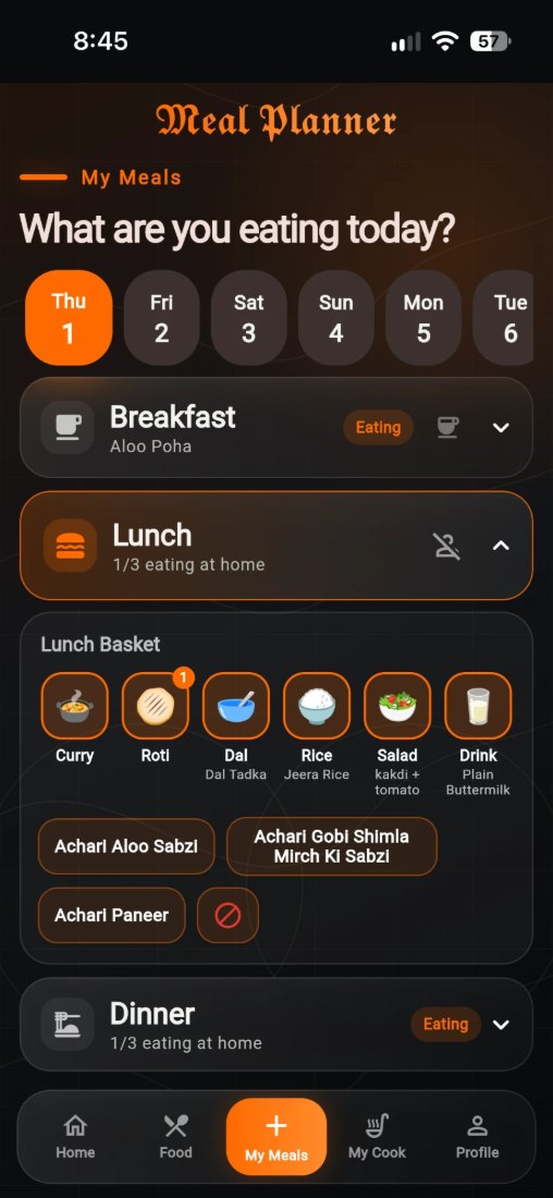 The lunch basket with six tiles for curry, roti, dal, rice, salad and drink, and curry suggestions below