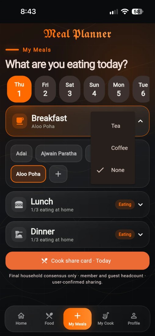 Breakfast expanded with dish chips and a tea, coffee or none menu open