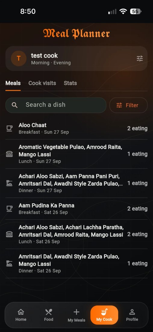 My Cook, listing past meals with dates and how many ate