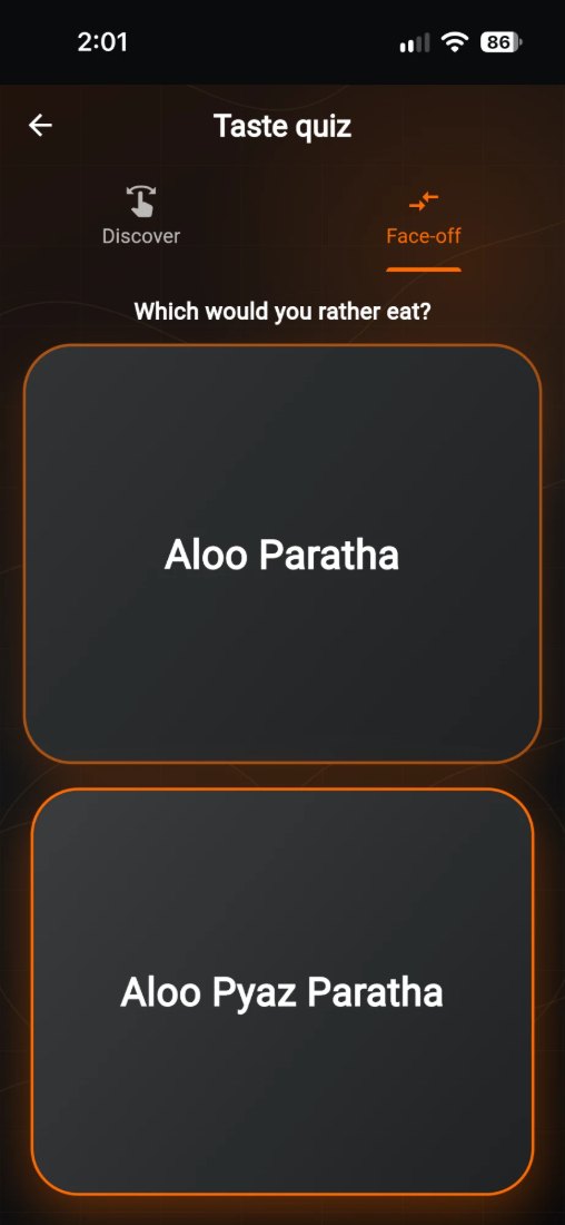 The taste quiz head-to-head mode, asking which of two parathas you would rather eat