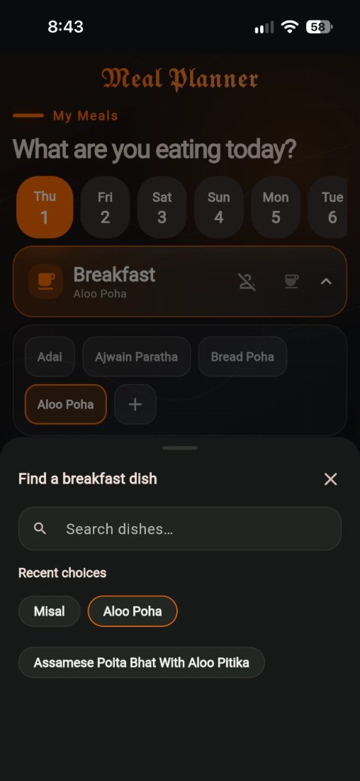The find-a-breakfast-dish sheet with search and recent choices