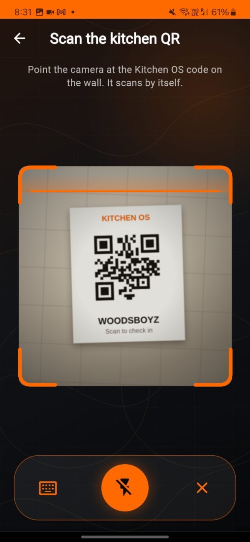 The cook's check-in screen, scanning the Kitchen OS code on the kitchen wall