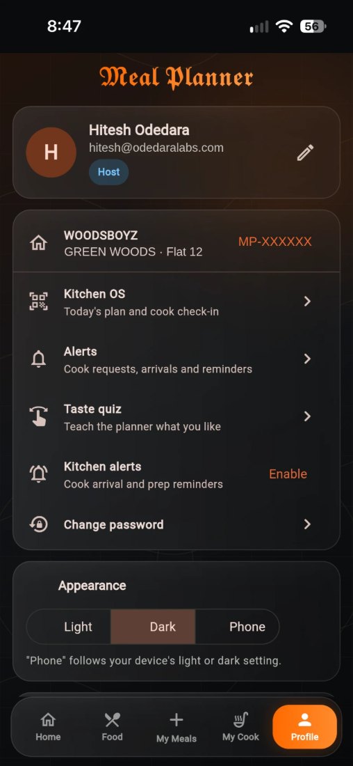 The profile screen, listing Kitchen OS, alerts, the taste quiz, kitchen alerts and host controls