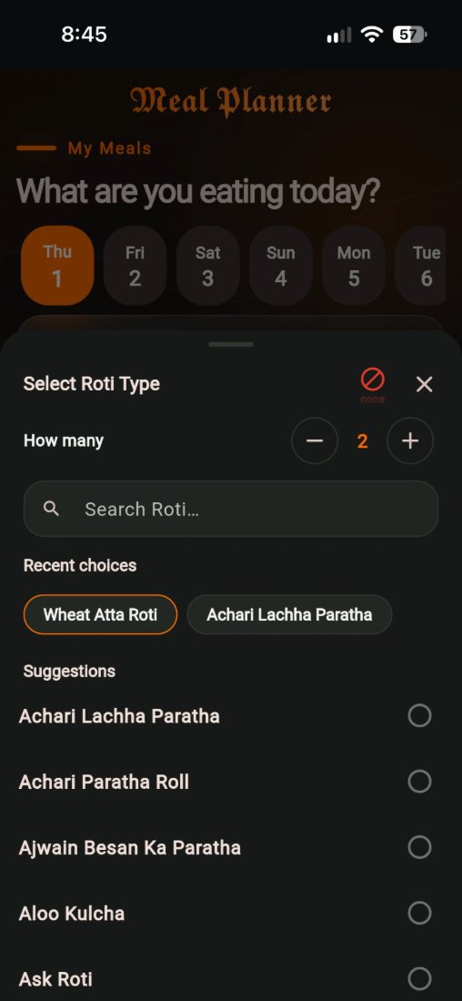 The roti sheet, with a how-many stepper, recent choices and a list of suggestions