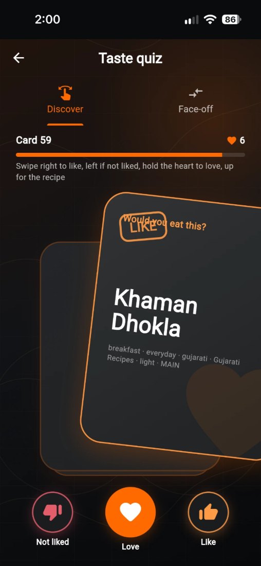 The taste quiz in discover mode, swiping a card for Khaman Dhokla