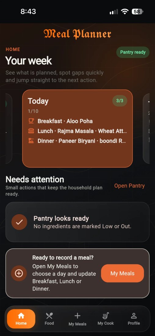 The home screen showing the week, with today's three meals planned and a pantry-ready badge