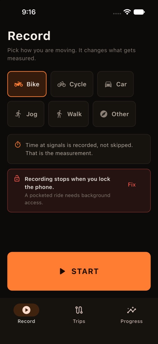 The record screen, with Bike, Cycle, Car, Jog, Walk and Other to choose from