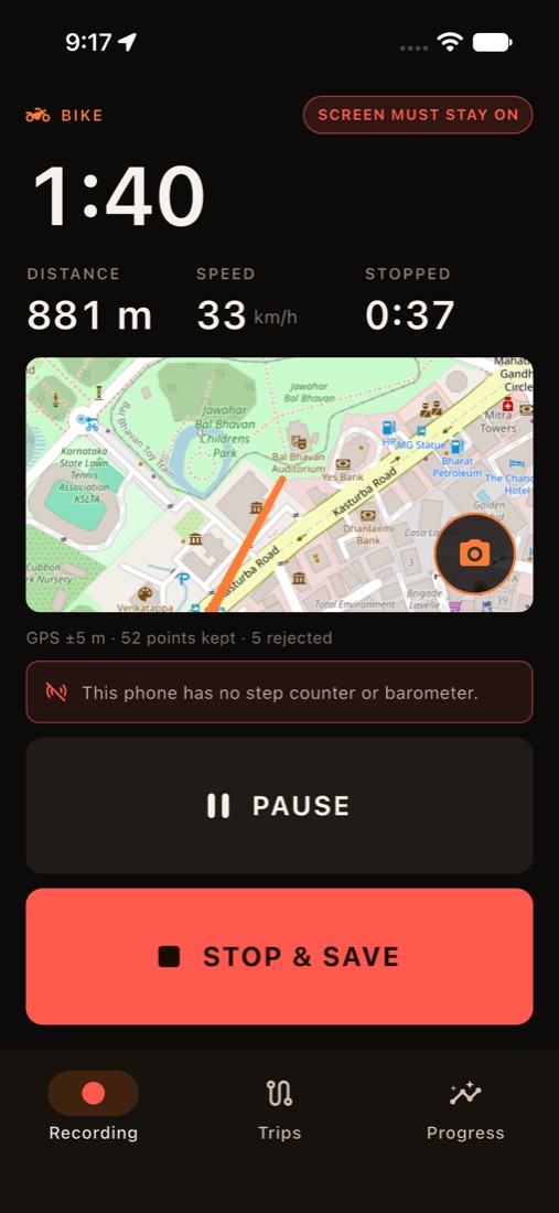 ODD Flow recording a bike trip, showing distance, speed and time stopped