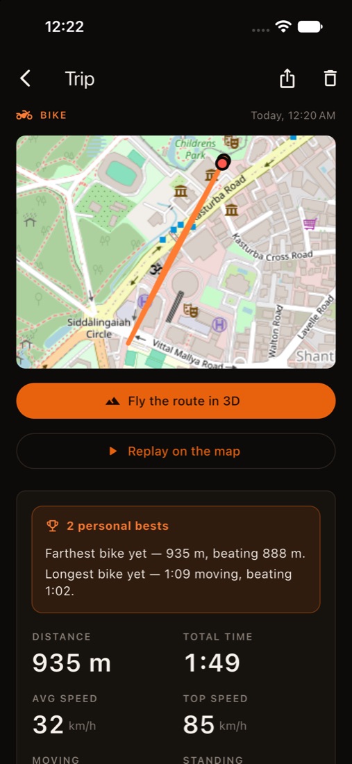 A finished trip, with route, distance, speeds, moving and standing time